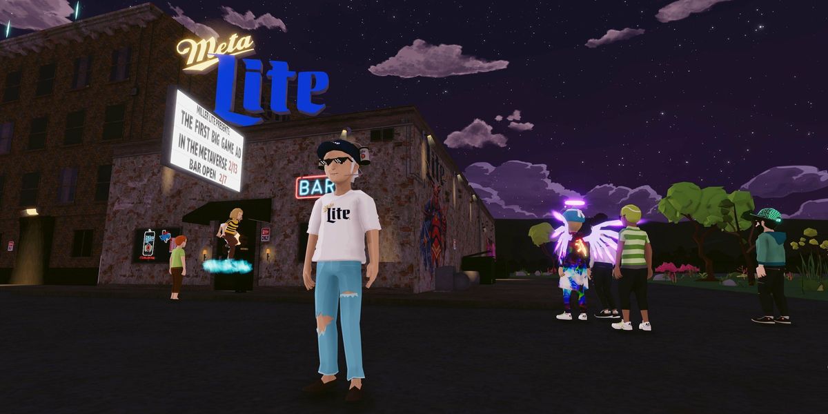3D character with a Miller Lite Tshirt and sunglasses on facing forward, other 3d characters facing a 3d bar called "Meta Lite" in the metaverse. 