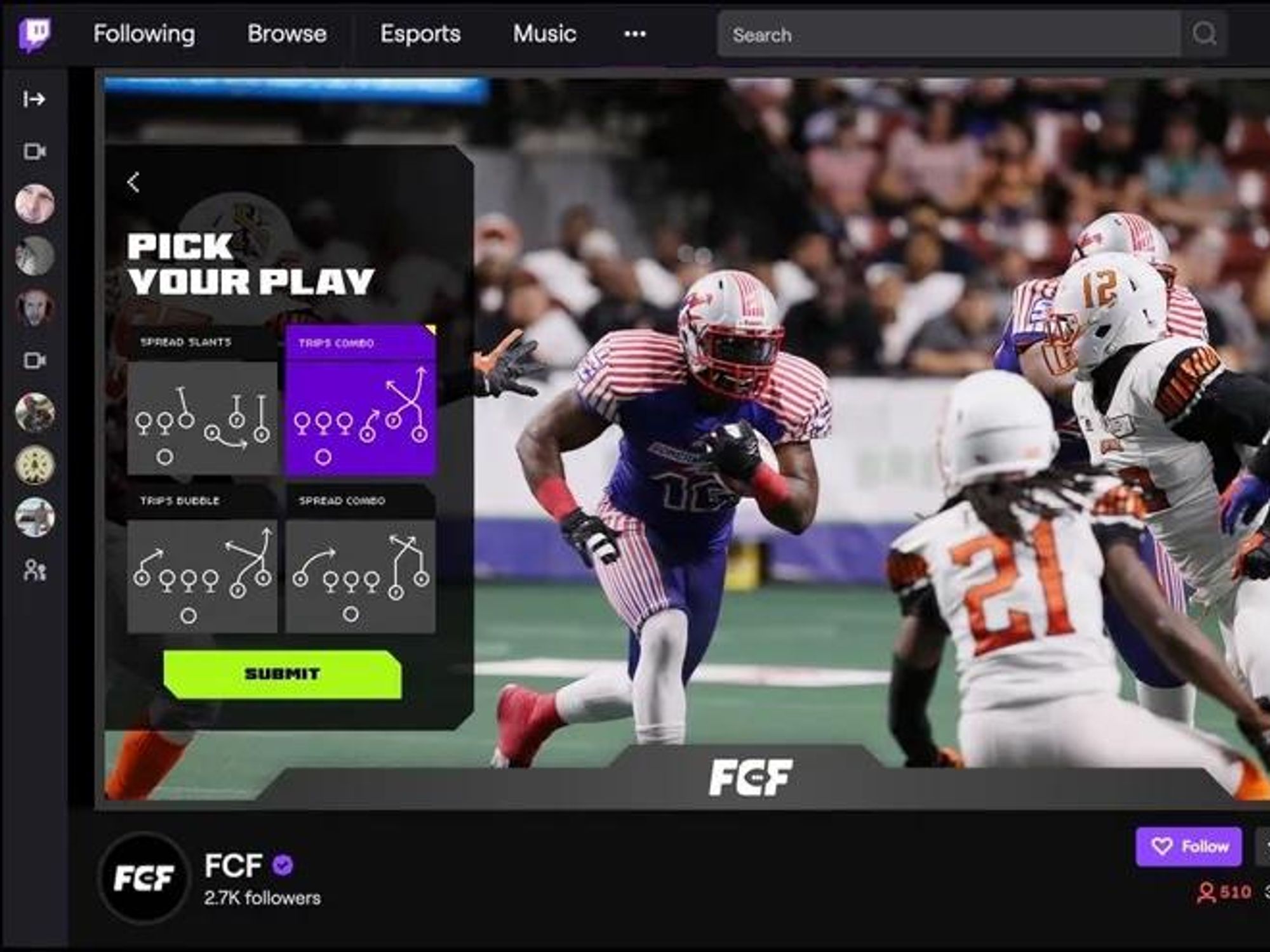 A menu for Fan Controlled Football on Twitch where fans pay for plays with NFTs.