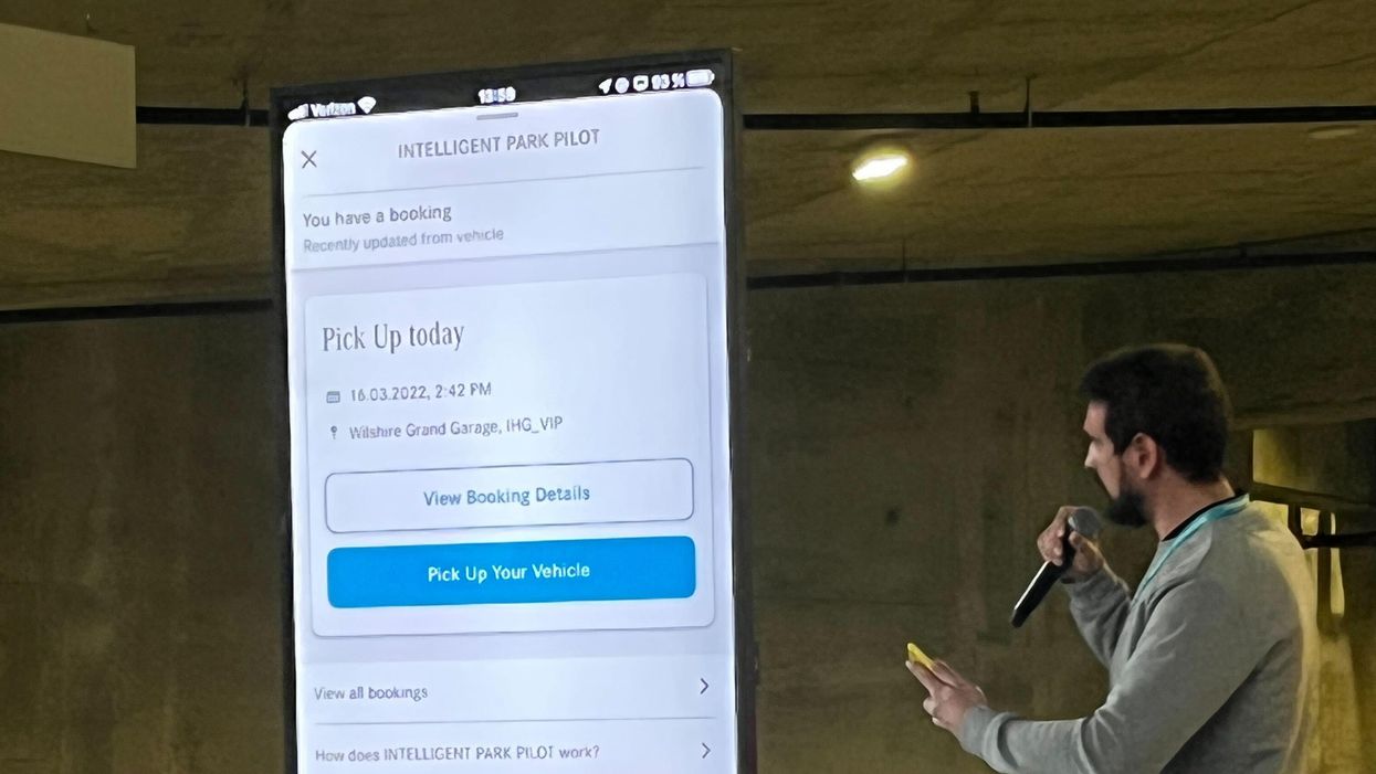 A Mercedes-Benz engineer tests the self-parking car\u2019s pick-up options.