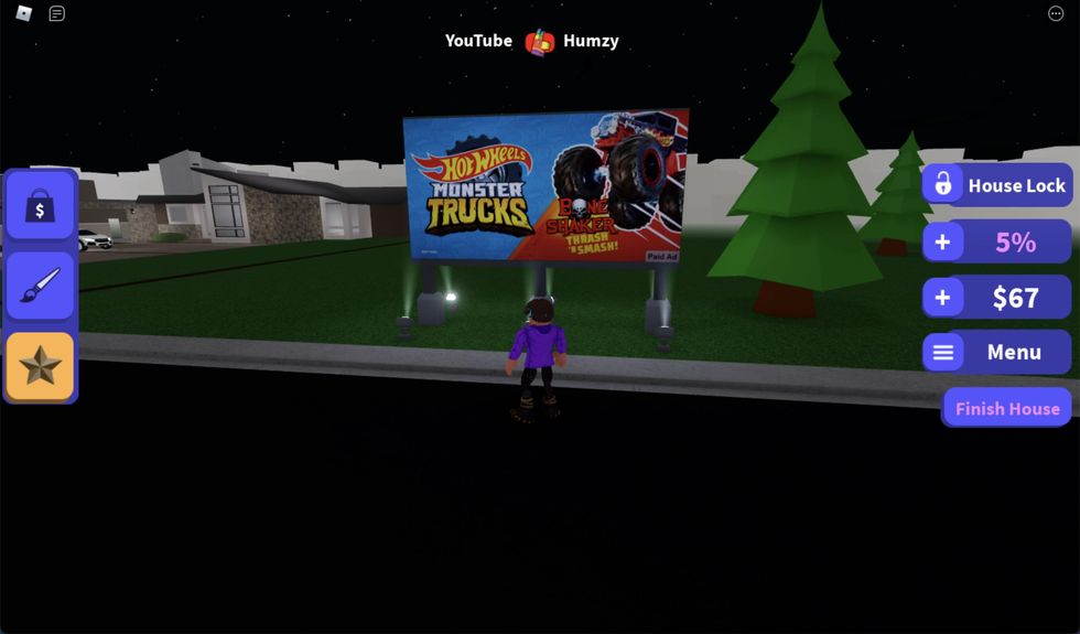 A still from Super League Roblox featuring a player in front of a Hot Wheels ads.