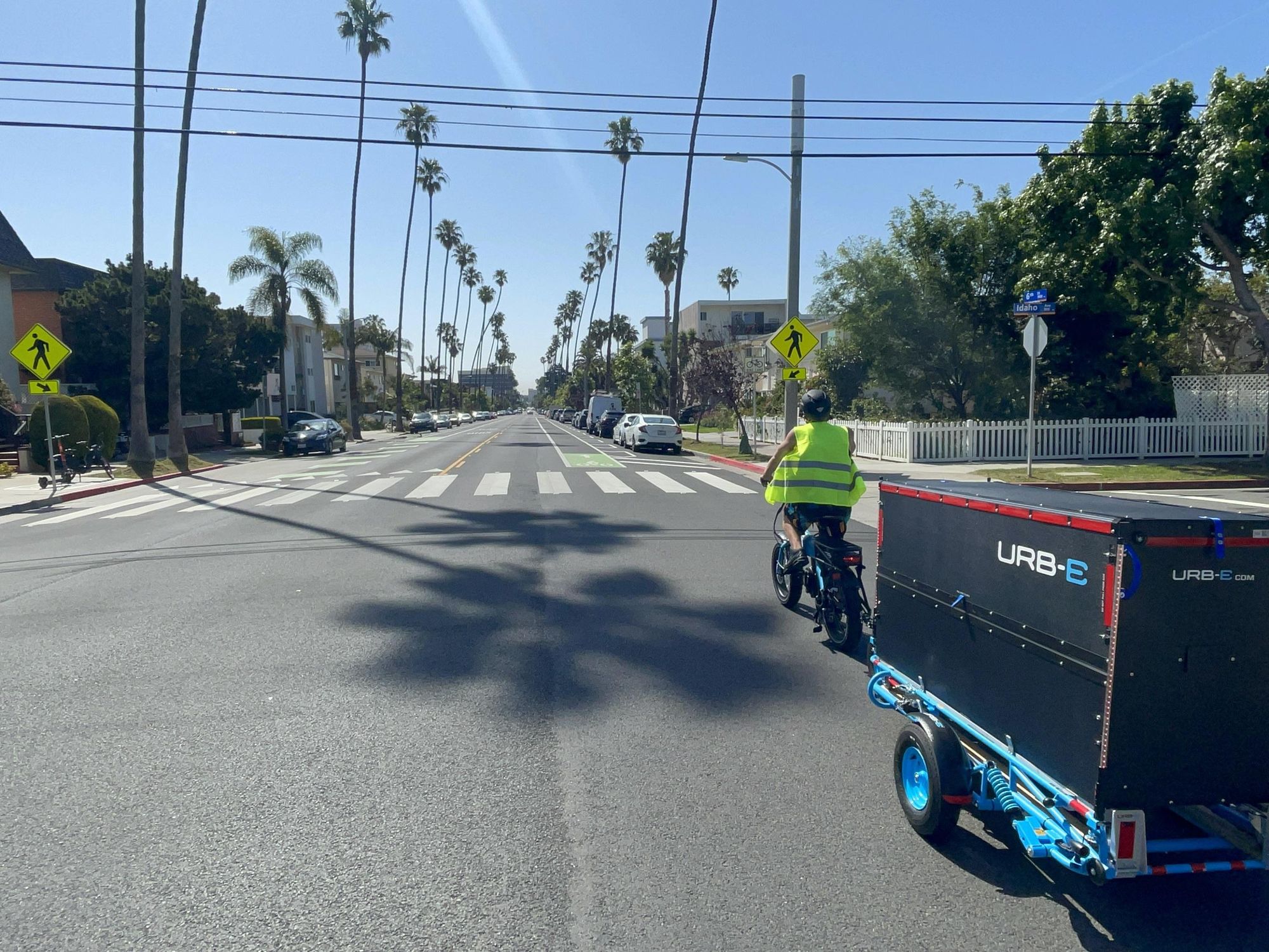 An URB-E rider hauls deliveries in Santa Monica.