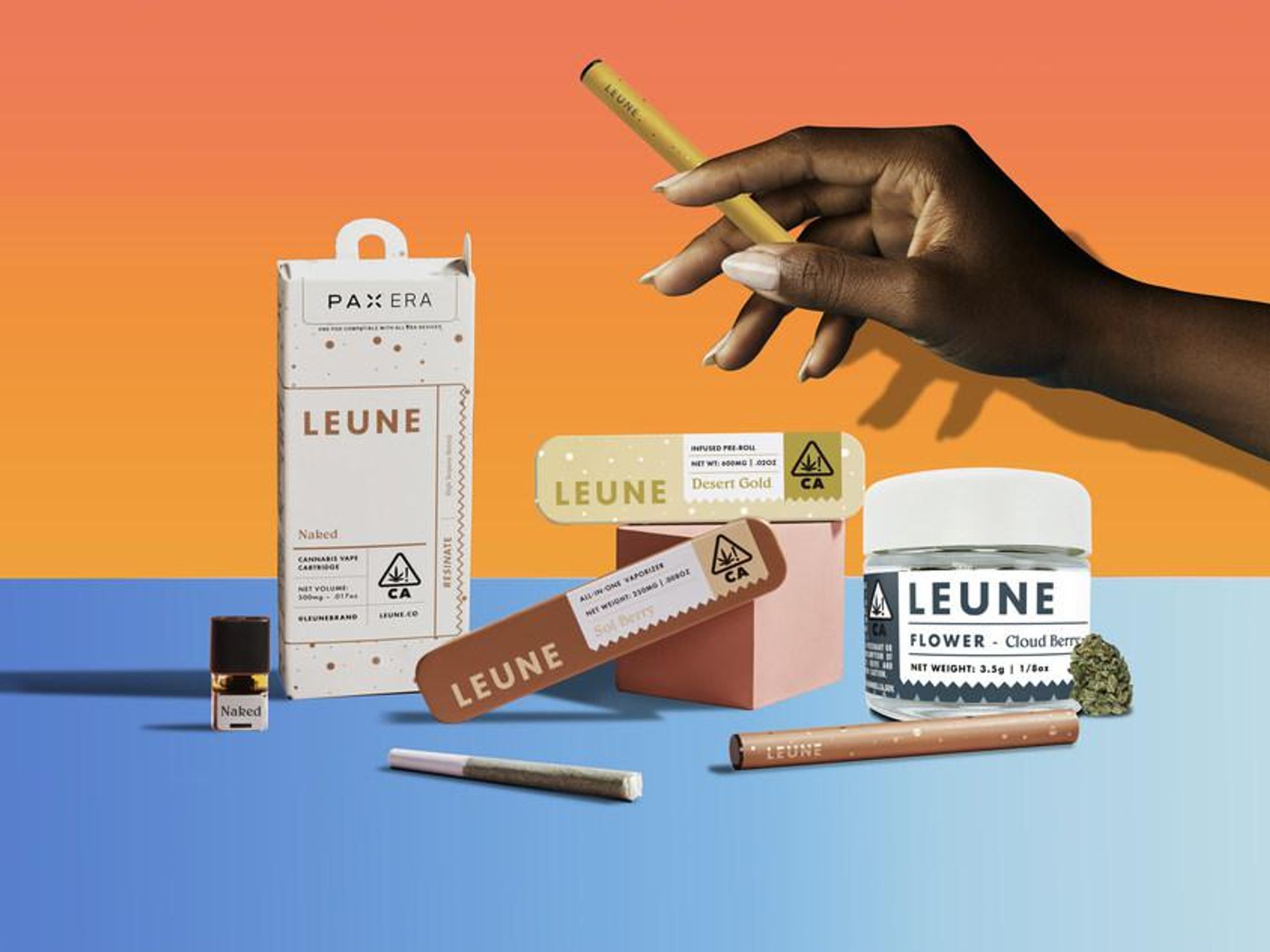 Assorted LEUNE cannabis products including joints, flower, PAX pods, and oils.