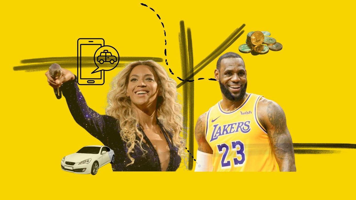 Beyonce and LeBron James surrounded by cars and money