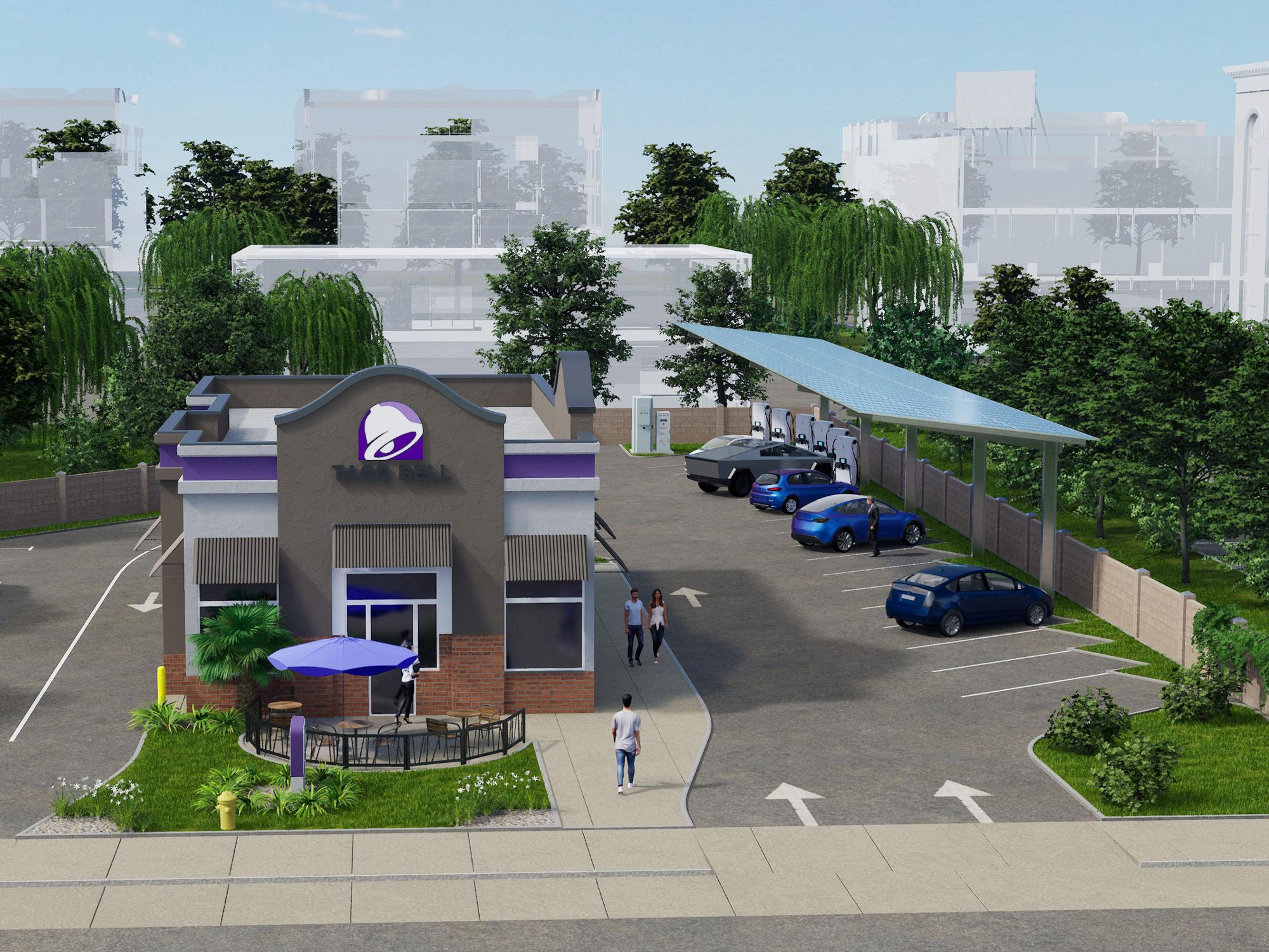 ​Concept of a Taco Bell with an electric car charging station in its parking lot.