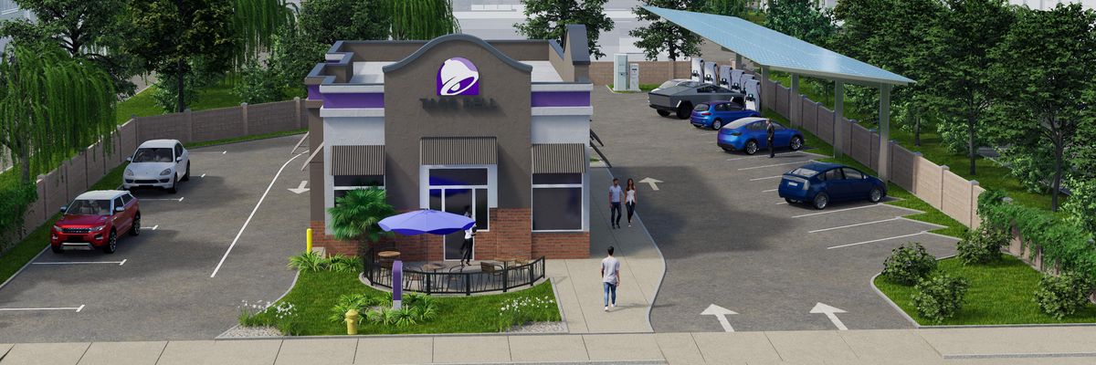 ​Concept of a Taco Bell with an electric car charging station in its parking lot.