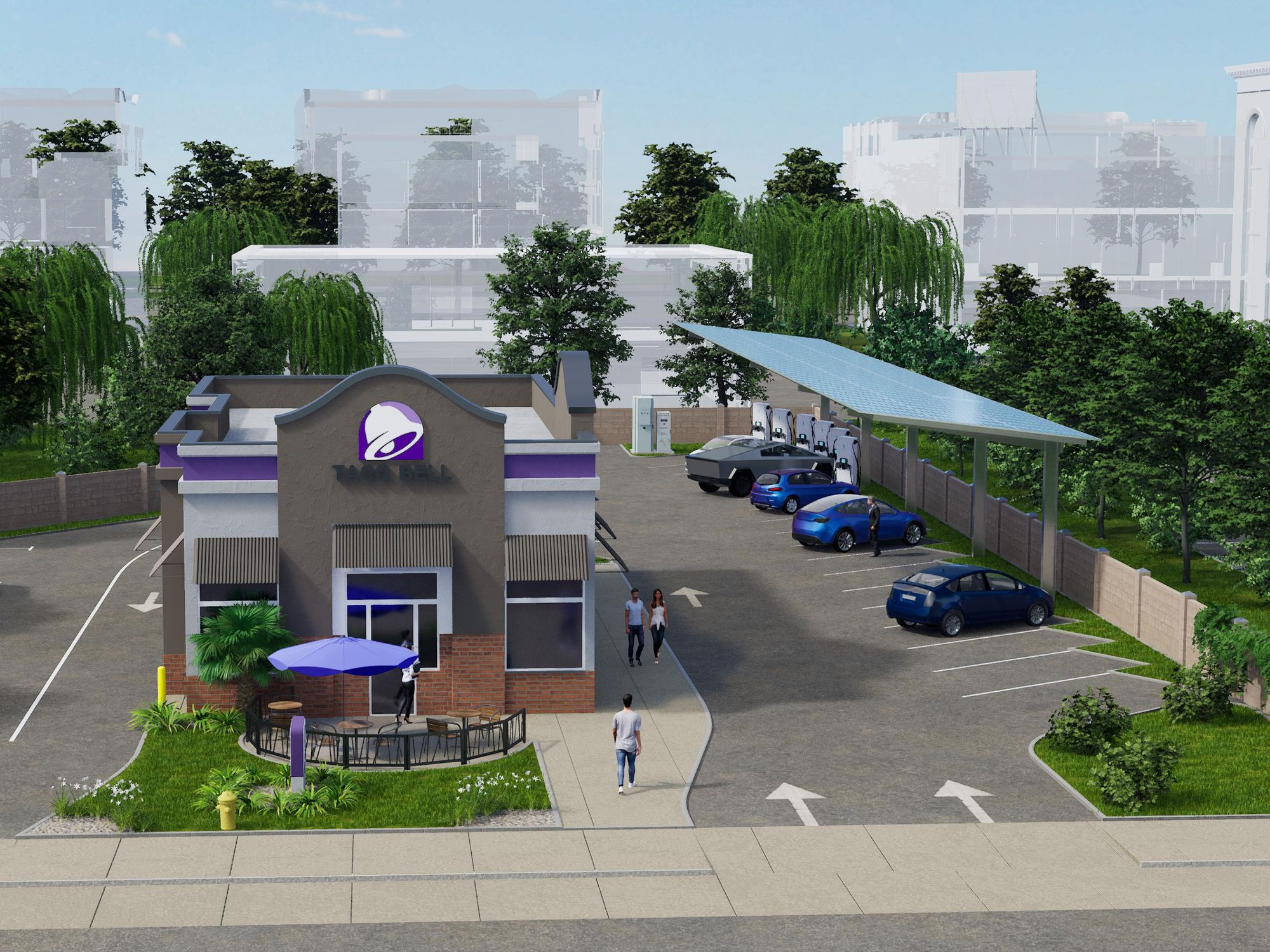 Concept of a Taco Bell with an electric car charging station in its parking lot.