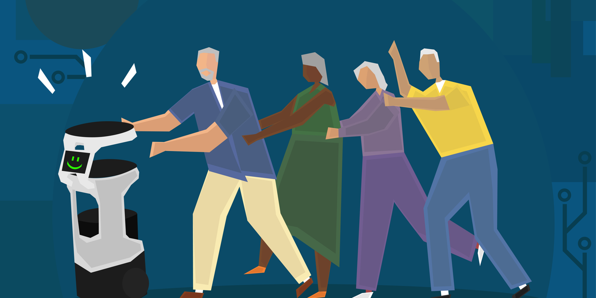 elderly people in a conga line with a robot 