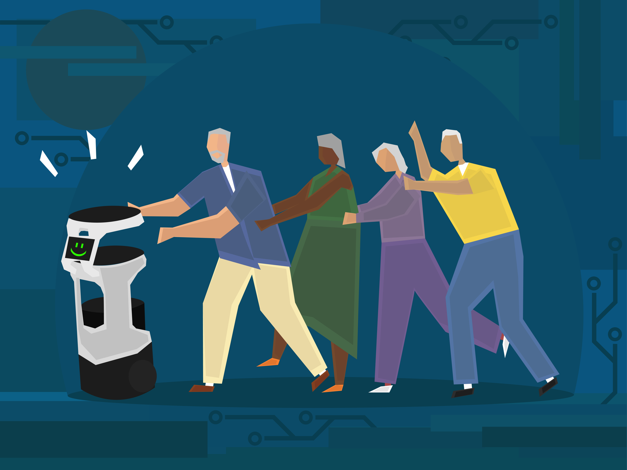 elderly people in a conga line with a robot 
