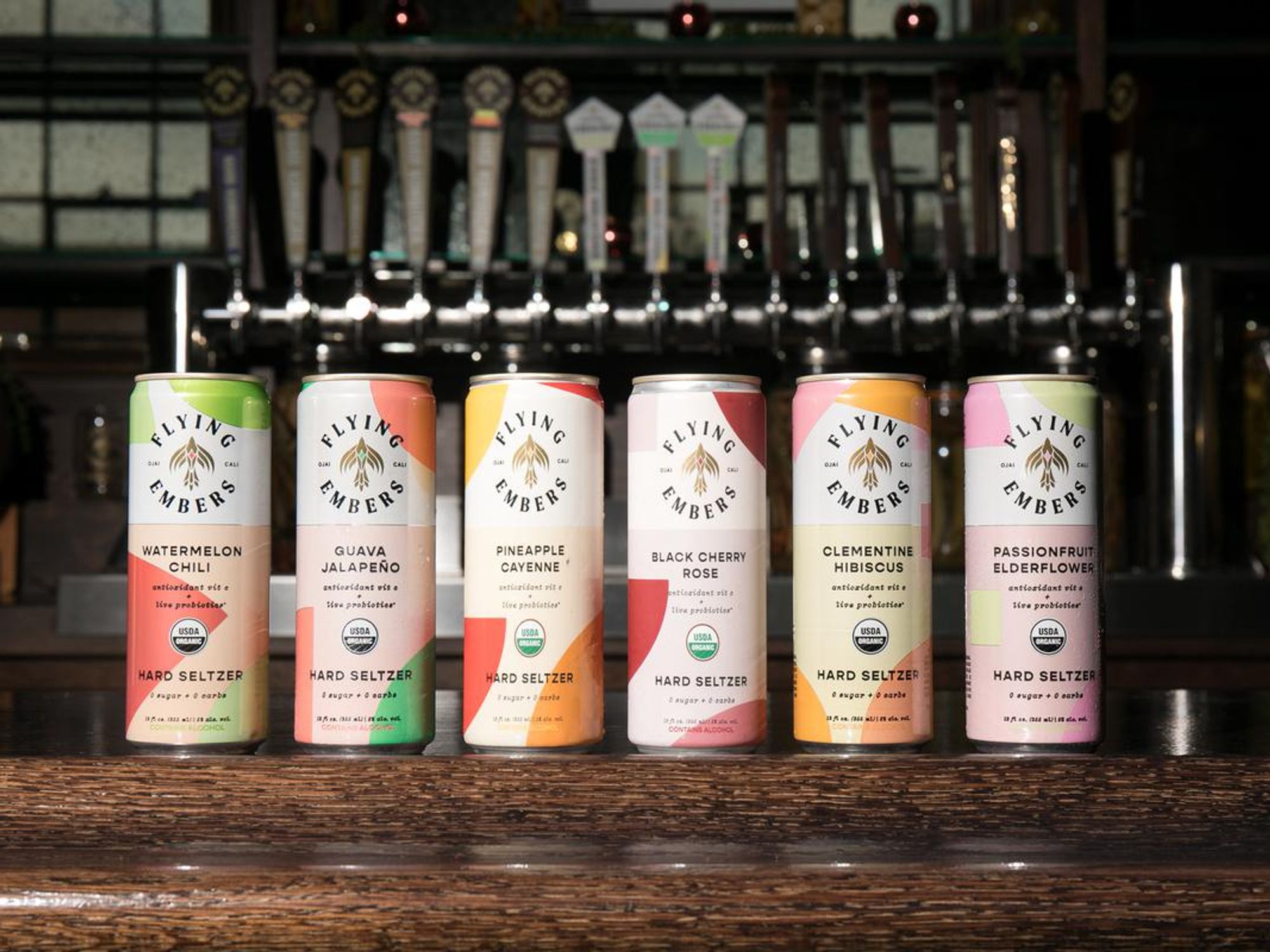 Every flavor of Flying Embers hard seltzer in a can.