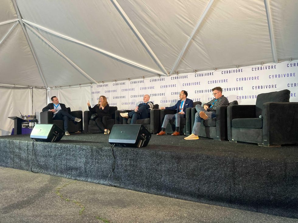 LADOT general manager Seleta Reynolds (holding microphone) speaks at the Curbivore Conference in Downtown L.A. on Friday.