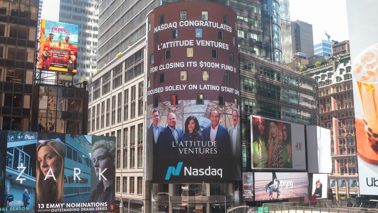 "NASDAQ Congratulates L'Attitude Ventures Fro Closing Its $100M Fund II Focused Solely on Latino Start Ups" with a picture of the L'AV founders on a brick building. 