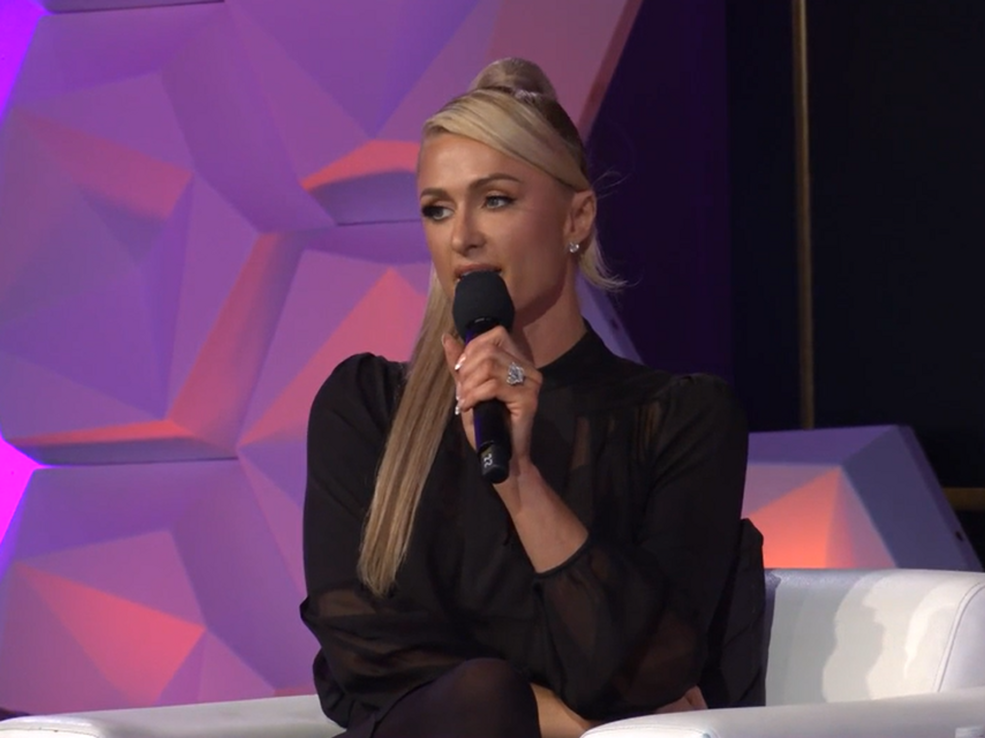 Paris Hilton talking at the Upfront Summit 2022.