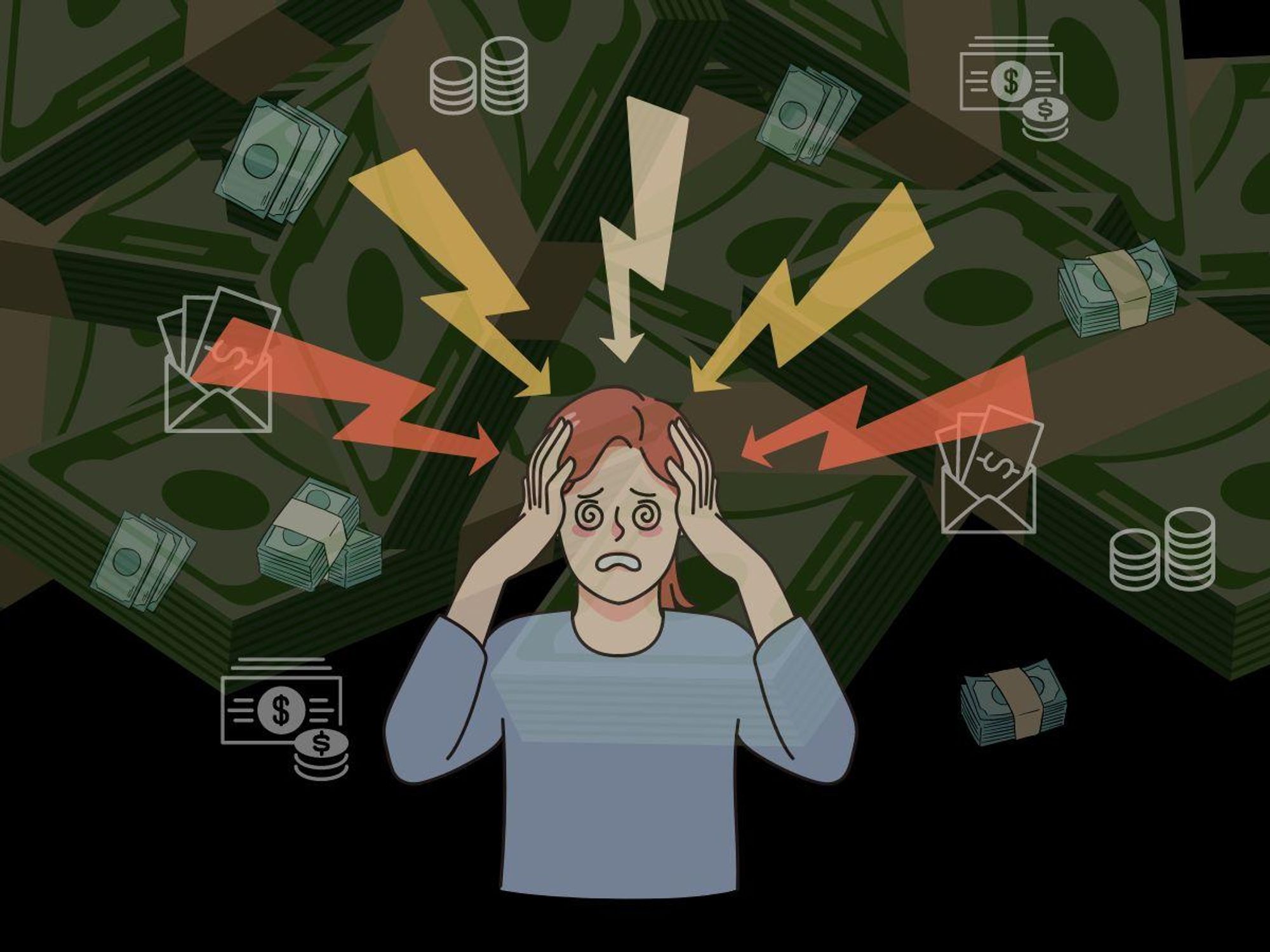 person overwhelmed by money