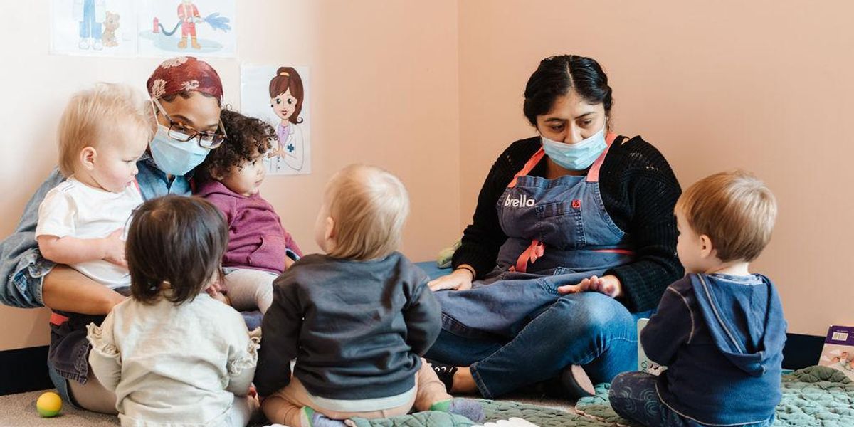 The Moterssori-inspired childcare center Brella employees watch over children while parents can balance their jobs.