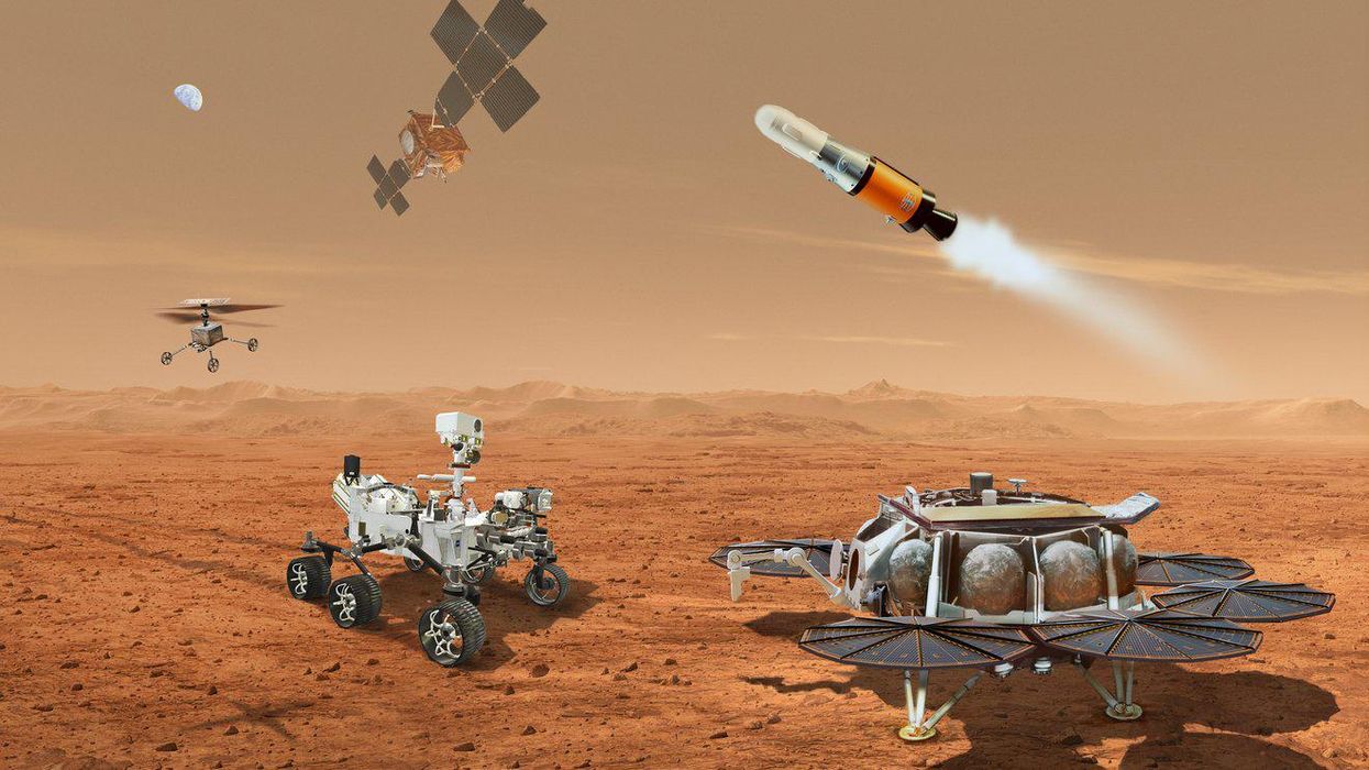 This illustration shows a concept for multiple robots that would team up to ferry to Earth samples of rock and soil collected from the Martian surface by NASA's Mars Perseverance rover.